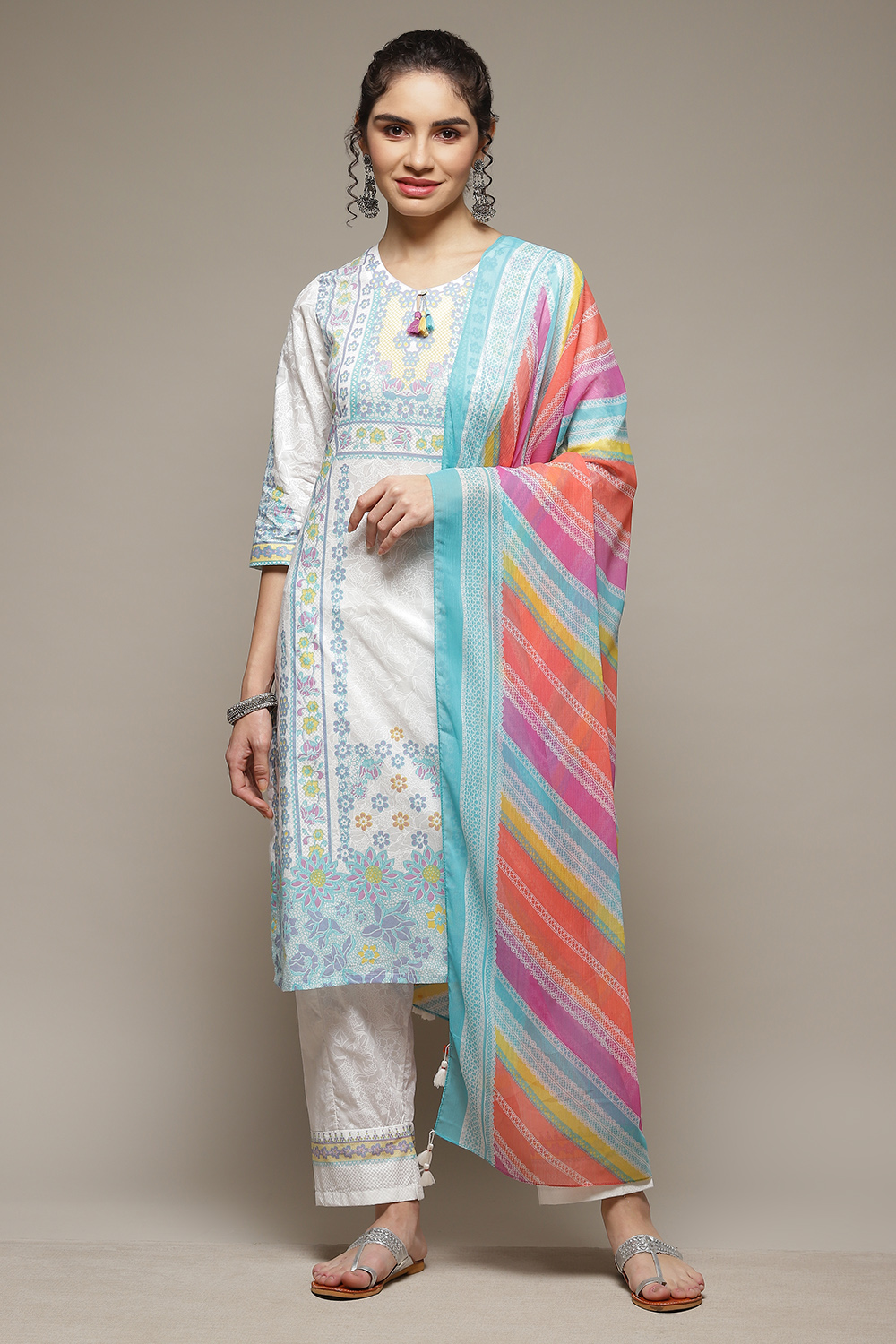 White Woven Straight Kurta Suit Set image number 1